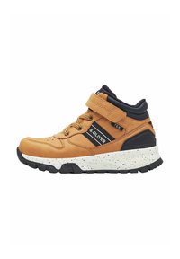 Hohe, tanfarbene Sneakers mit schwarzen Akzenten, Klettverschluss, texturiertem Obermaterial, gesprenkelter, weißer Sohle und Markenlogo. Hergestellt aus strapazierfähigem synthetischem Material.