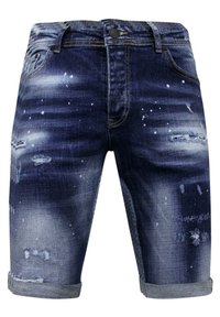 Denim shorts, donkerblauw met lichte vervaging en geschaafde details. Opgerolde zoom, vijf-pocket ontwerp, knoopsluiting en contrasterende stiksels.