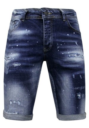 Denim shorts, donkerblauw met lichte vervaging en geschaafde details. Opgerolde zoom, vijf-pocket ontwerp, knoopsluiting en contrasterende stiksels.