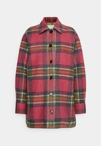Plaid wool coat in pink, green, and yellow tones. Features a button-up front, pointed collar, and long sleeves with cuff detailing.