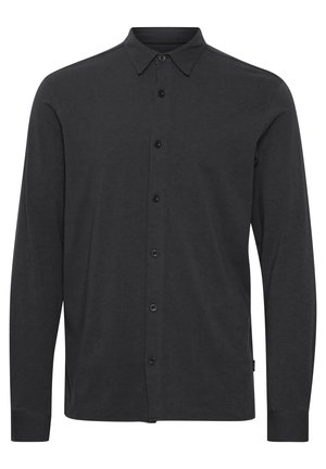 Camicia nera a maniche lunghe con bottoni, realizzata in tessuto morbido, dotata di colletto classico, bottoni frontali a tutta lunghezza e polsini con bottone.