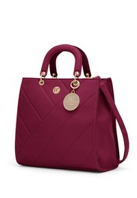 Borsa a mano malva con goffratura a motivo diagonale, dettagli hardware dorati, doppi manici e tracolla regolabile. Etichetta con logo rotondo attaccata.