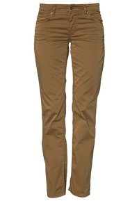 Bruna bomullsbukser med en slim fit. Har framfickor, dragkedja och en platt midja med bältesömmar. Slät textur, inga mönster.