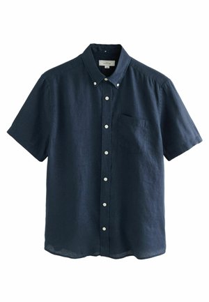 Kurzärmeliges Button-up-Hemd aus dunkelblauem Leinen mit einem spitzen Kragen, aufgesetzter Tasche und weißen Knöpfen an der Vorderseite. Angenehme Textur.