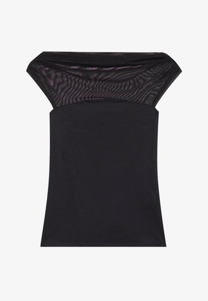 Fekete, váll nélküli blúz, szilárd testen és áttetsző hálós felső részen a nyakvonalnál és a vállaknál.