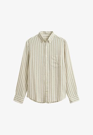 Beige overhemd met lange mouwen, knoopsluiting, bruine verticale strepen en een borstzak, gemaakt van lichtgewicht stof.