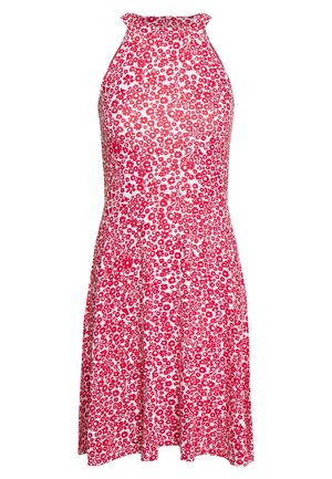 Robe sans manches, longueur genou, rose et blanche à motifs floraux, col montant et taille cintrée, avec un motif dense de petites fleurs.