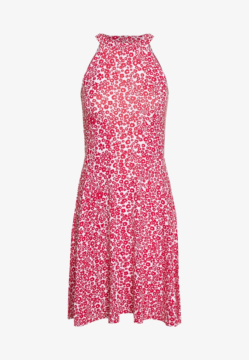 Robe sans manches, longueur genou, rose et blanche à motifs floraux, col montant et taille cintrée, avec un motif dense de petites fleurs.