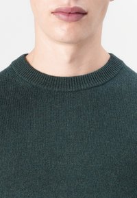 Pulover tricotat de culoare verde închis, cu un decolteu rotund cu nervuri și o textură uniformă. Materialul pare moale și ușor, cu variații subtile de nuanță.