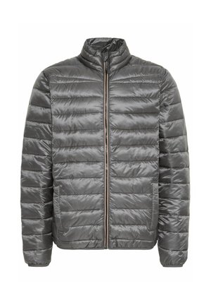 Šedá péřová bunda s vysokým límcem, prošívaný design, přední zip a dvě boční kapsy. Hladký, lesklý povrch s moderním střihem.