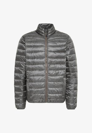 Grijze, pufferjack met een hoge kraag, doorgestikte design, ritssluiting aan de voorkant en twee zijzakken. Glad, glanzend textuur met een moderne pasvorm.