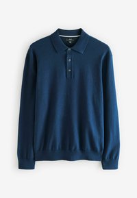 Navyblaues Langarm-Polohemd aus weichem Stoff, mit einem klassischen Kragen, einer dreiknöpfigen Knopfleiste und eng anliegenden Bündchen an den Ärmeln.