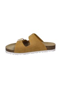 Tan suède slide sandalen met open teen en uitsneden ontwerp. Witte rubberen zool, textuur kurken voetbed en dubbele verstelbare gespen.