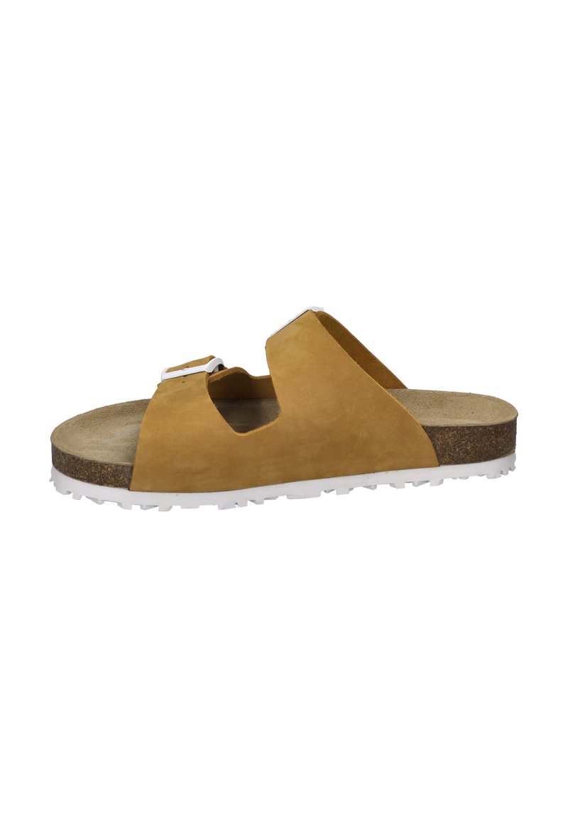 Tan suède slide sandalen met open teen en uitsneden ontwerp. Witte rubberen zool, textuur kurken voetbed en dubbele verstelbare gespen.