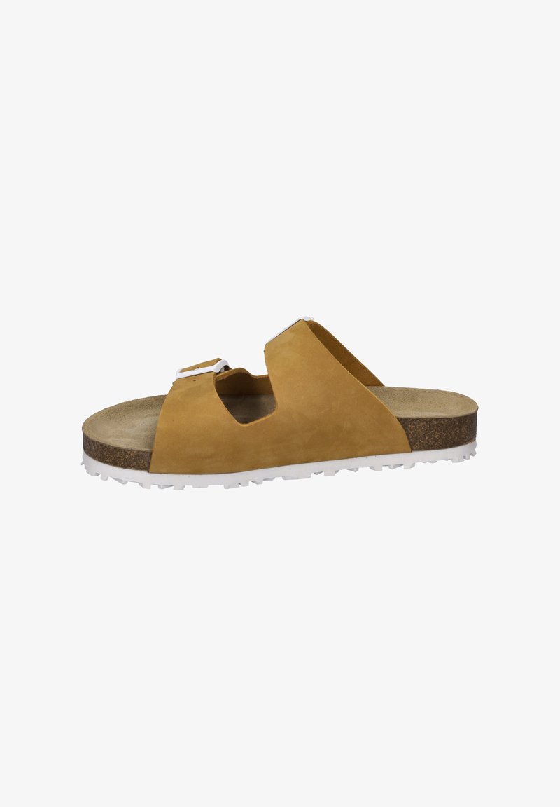 Tan suède slide sandalen met open teen en uitsneden ontwerp. Witte rubberen zool, textuur kurken voetbed en dubbele verstelbare gespen.