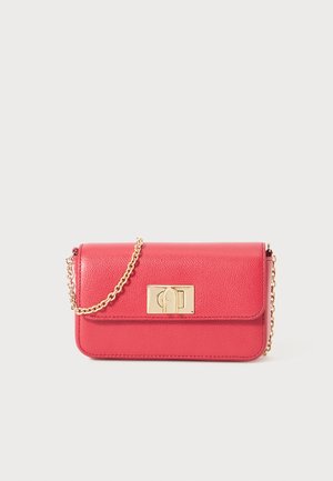 Red leather crossbody bag with textured surface, gold-tone hardware, and a chain strap. Features a rectangular shape and lock clasp detail.