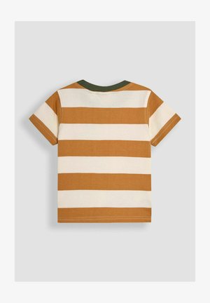 Lyhythihainen T-paita, jossa vuorotellen vaakasuoria raitoja sinapinkeltaisena ja kermana, vihreä ribbikaulus. Puuvillasta.