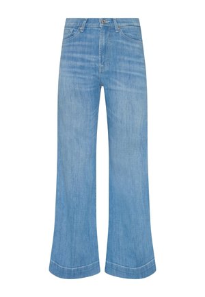 Jeans en denim bleu clair avec une coupe large, dotés d'une taille haute et de coutures contrastées sur l'ourlet. Texture lisse avec un minimum de décoloration.