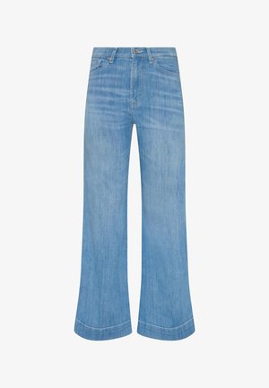 Lyseblå denimbukser med bred benprofil, der har høj talje og kontrastsyning ved kanten. Glat tekstur med minimal blegetone.