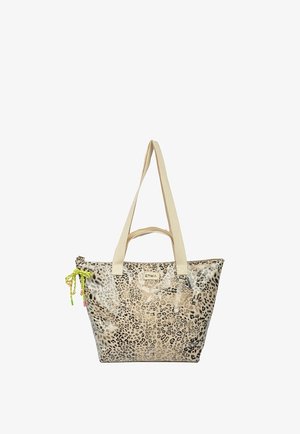Bolso tote con estampado de leopardo, asas beige, cordones de cremallera verdes y parche con el logo "Etika" en el frente.