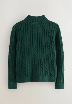 Grön stickad tröja med ett kabelmönster, hög krage och ribbad fåll och ärmslut. Strukturerad tyg med en mysig framtoning.