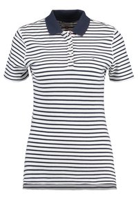 Biała i granatowa pozioma striped koszula polo z krótkim rękawem, granatowym kołnierzykiem i przednim zapięciem na guziki.