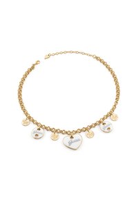 Gold-tone chain necklace featuring multiple charms, including two enamel hearts and circular tags engraved with "Guess" and logos.