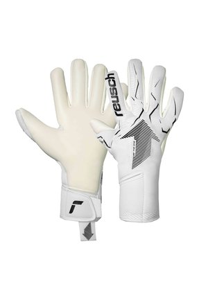 Par de guantes de portero blancos, mostrando la palma y el dorso con el logotipo negro de Reusch y detalles gráficos en el dorso.
