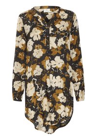 Blouse-tunique à manches longues avec motif floral noir, beige et marron, col en V avec trois boutons, poignets froncés, ourlet arrondi.