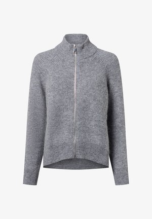Grijze gebreide sweater met volledige ritssluiting, lange mouwen, geribbelde structuur en een hoge kraag.