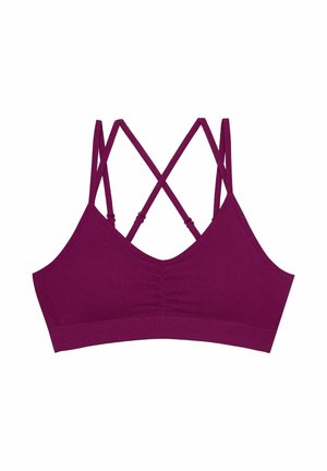 Mauve Bralette aus weichem Stoff, mit V-Ausschnitt, gerafftem Mittelteil und dünnen, gekreuzten Trägern auf der Rückseite. Glatte Textur insgesamt.