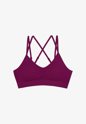 Mauve Bralette aus weichem Stoff, mit V-Ausschnitt, gerafftem Mittelteil und dünnen, gekreuzten Trägern auf der Rückseite. Glatte Textur insgesamt.
