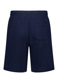 Mörkblå bomullsshorts med elastisk midja, med en enda bakficka och slät textur. Enkel design, utan mönster eller accenter.