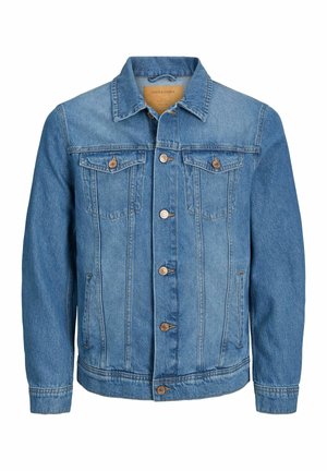 Meeste sinine teksajakk nööpidega ees, kahe rinnatasku kaanega ja kahe küljetaskuga, krae ja pikkade varrukatega.