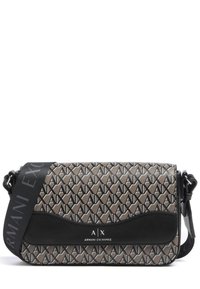 Borsa a tracolla realizzata in materiale sintetico beige e nero a motivo. Presenta un'applicazione nera liscia e una tracolla regolabile.