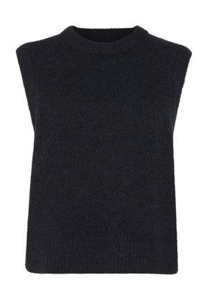 Mouwloze zwarte gebreide top met een ronde halslijn, zachte textuur en een boxy silhouet, met ribbelranden aan de zoom en armsgaten.