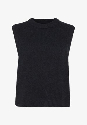 Mouwloze zwarte gebreide top met een ronde halslijn, zachte textuur en een boxy silhouet, met ribbelranden aan de zoom en armsgaten.