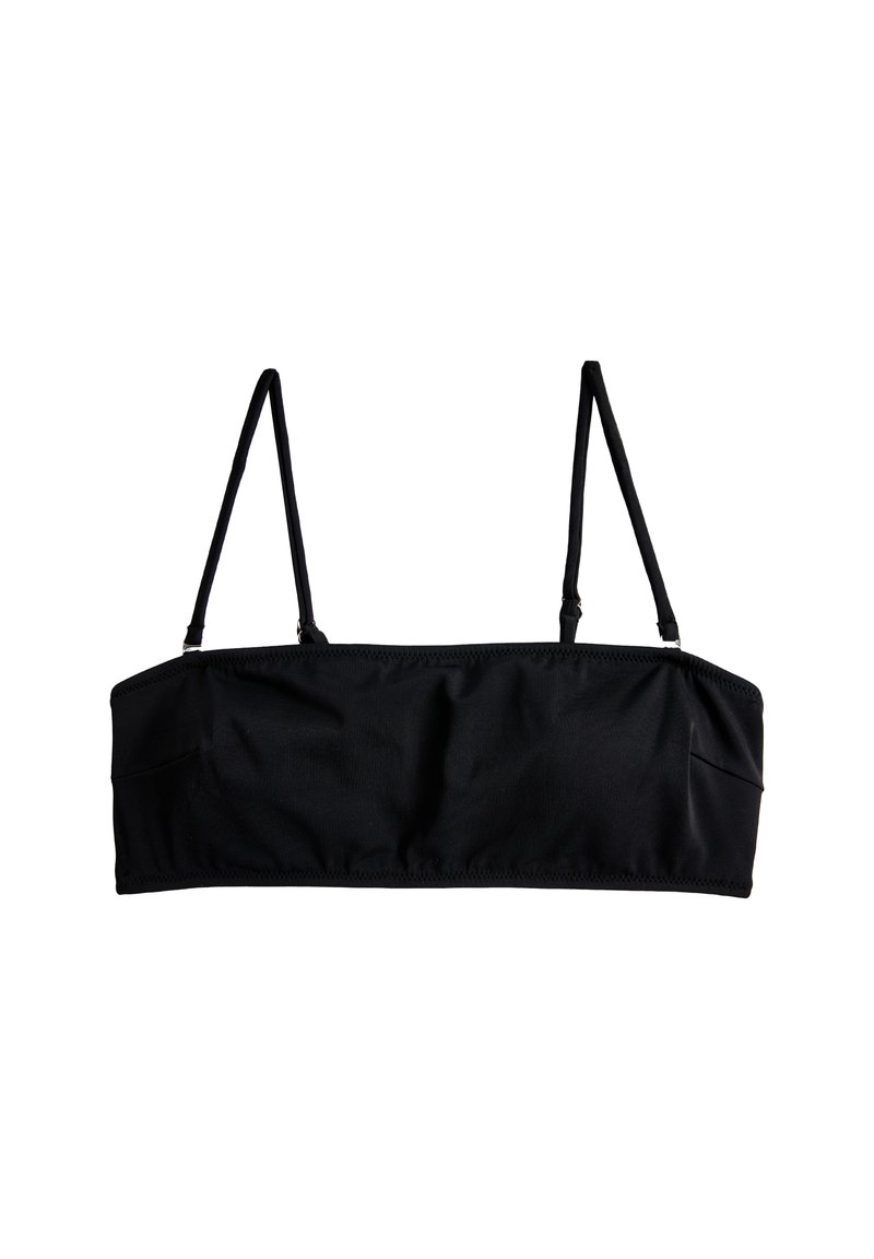 Zwarte bikini-top met een bandeau-ontwerp, dunne verstelbare bandjes en zachte, gladde stof. Heeft een naadloze afwerking en geen padding.