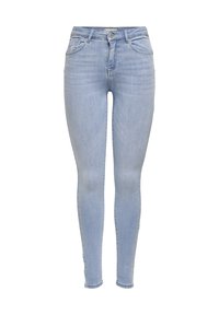 Svetle modré úzké džíny z denimu, s klasickým pětipocket designem, předním zapínáním na knoflík a mírným ždímáním na stehnech.
