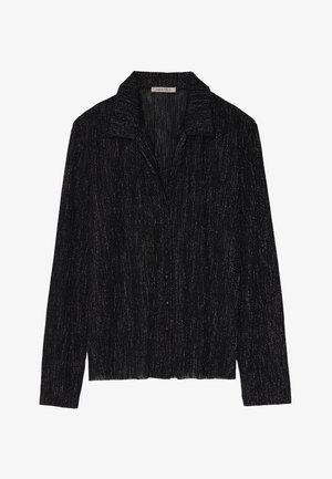 Giacca nera a maniche lunghe con una superficie testurizzata e lucente. Presenta un collo e una chiusura a bottoni davanti.