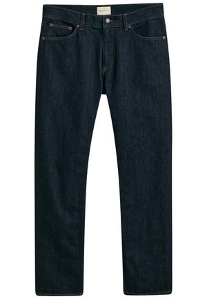 Donkerblauwe denim jeans met een recht model, vijf zakken en contrasterende stiksels op de naden. Gladde stofstructuur.