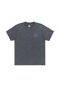 Gray short-sleeve t-shirt made of cotton, featuring a colorful circular graphic logo on the left chest. Classic crew neck design.