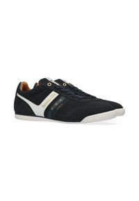 Sneaker nere in suede con accenti bianchi e blu navy, dotate di marchio dorato, punta arrotondata e suola in gomma bianca a contrasto.
