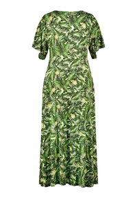 Maxi jurk met een groene tropische bladeren- en ananasprint, korte mouwen, een relaxed fit en een vloeiende silhouet.