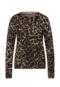 Pullover mit Leopardenmuster in Beige und Schwarz, mit langen Ärmeln und Rundhalsausschnitt, aus einem weichen, strukturierten Stoff hergestellt.