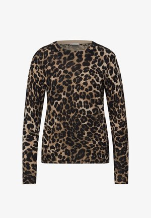 Pull-over imprimé léopard en beige et noir, avec manches longues et encolure ronde, fabriqué à partir d'un tissu doux et texturé.