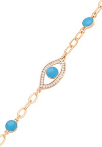 Bracciale dorato con un design a forma di occhio, adornato con pietre turchesi e una fila di piccoli cristalli trasparenti, collegato da anelli ovali.