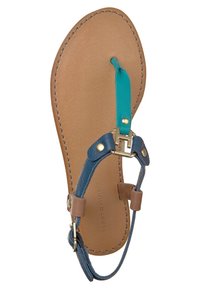 Sandale plate marron avec des lanières en cuir bleu et turquoise, boucle dorée et logo Tommy Hilfiger sur la semelle intérieure.