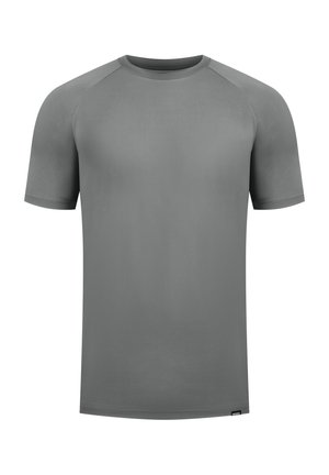 Grijze kortemouw t-shirt van glad, lichtgewicht stof. Heeft een ronde hals en raglanmouwen voor een ontspannen pasvorm. Geen zichtbare patronen.