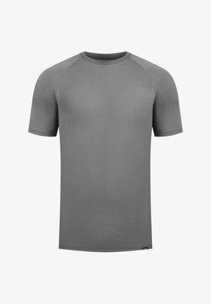 Graues, kurzärmliges T-Shirt aus glattem, leichtem Stoff. Verfügt über einen Rundhalsausschnitt und Raglanärmel für eine entspannte Passform. Keine sichtbaren Muster.